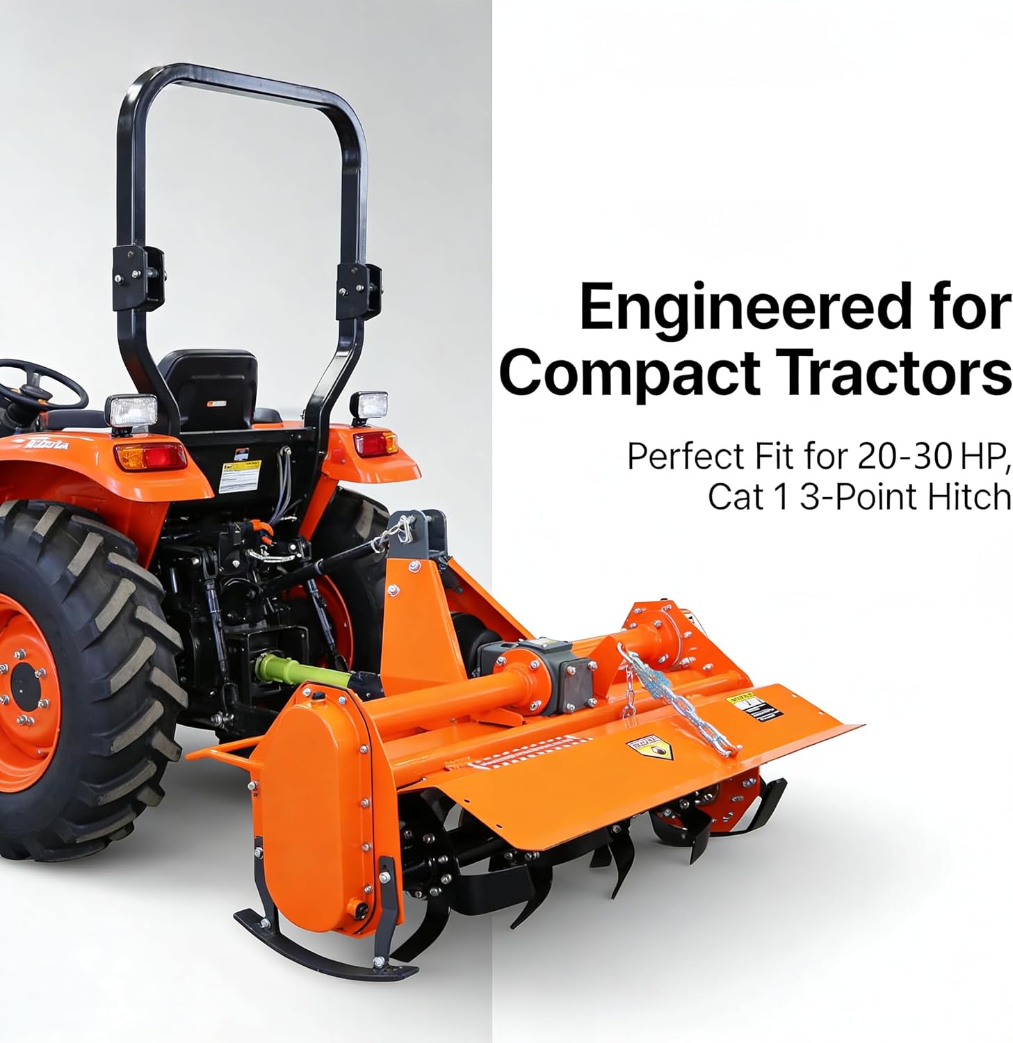 49' 3 Point Rotary Tiller for 20-30HP Compact Tractors – Cat 1 Cultivator with 540 RPM PTO Drive, 28 Replaceable L-Shaped Tines for Wider Coverage (49')