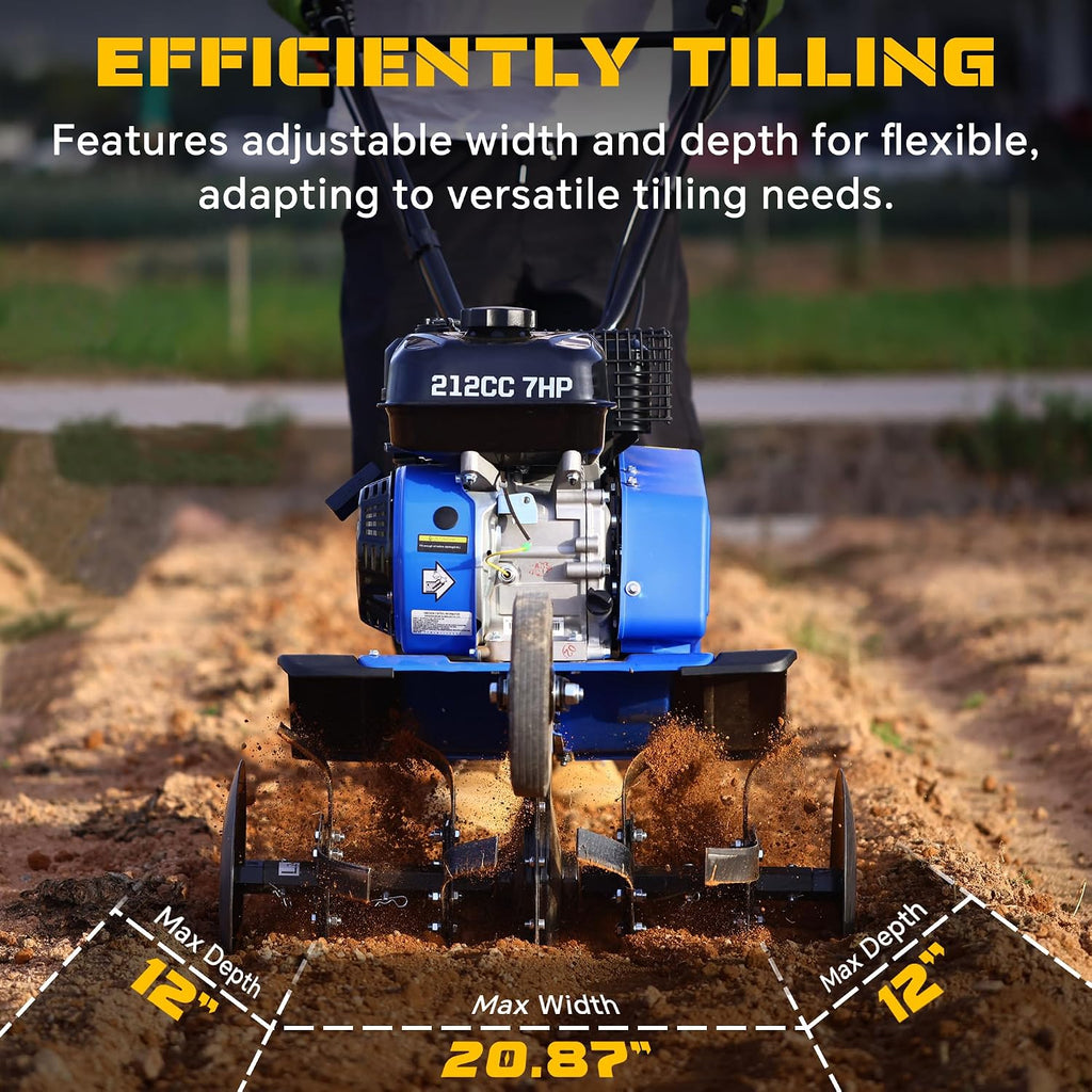 212CC 7HP Gas Tiller, 22' Adjustable Width, 4-Cycle Engine Cultivator with Instant Reverse, Heavy-Duty Steel Tines for Hard Soil, New Ground Breaking, Weed & Deep Cultivation (Blue)