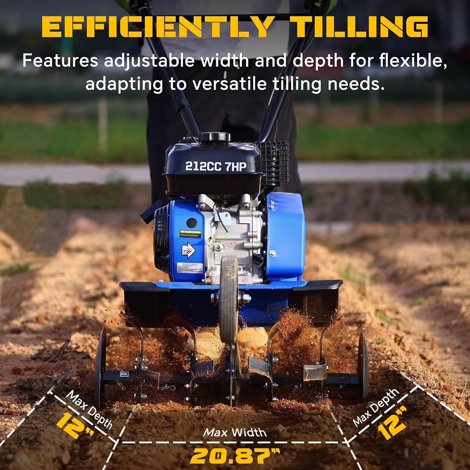 212CC 7HP Gas Tiller, 22' Adjustable Width, 4-Cycle Engine Cultivator with Instant Reverse, Heavy-Duty Steel Tines for Hard Soil, New Ground Breaking, Weed & Deep Cultivation (Blue)