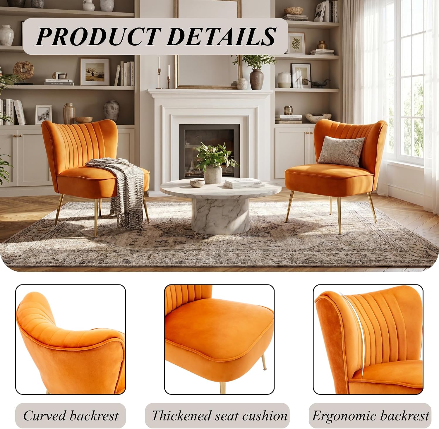 Velvet Accent Chairs Set of 2 for Comfy Living Room Armless Slipper Chair Mid Century Side Chair Single Sofa with Golden Legs Wingback for Bedroom Guest Room, Orange