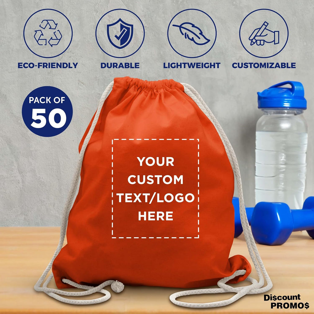 DISCOUNT PROMOS Custom Cotton Drawstring Backpacks Set of 50, Personalized Bulk Pack - Bring Everywhere You Go and For Everyday Use - Orange