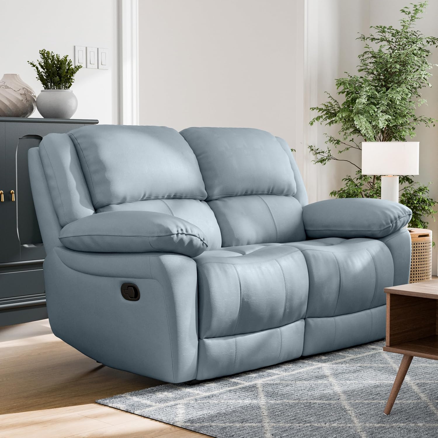 Furniture of America Sorin Modern Leather Recliner Loveseat with Pillow Armrests and High Density Foam, Reclining Sofa, Comfortable Couch for Living Room, Office, FSC Certified, Blue