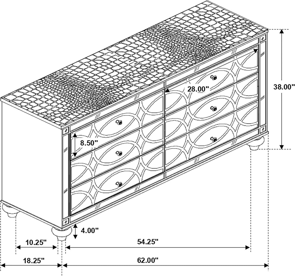 Coaster Home Furnishings - Gunnison - 6-Drawer Dresser with Modern Classic Style, Crystal-Like Pulls, Felt-Lined Top, Fretwork Panel Overlays - Bedroom - Silver Metallic - 223213
