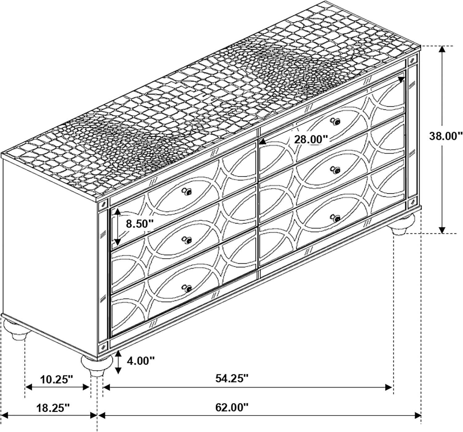 Coaster Home Furnishings - Gunnison - 6-Drawer Dresser with Modern Classic Style, Crystal-Like Pulls, Felt-Lined Top, Fretwork Panel Overlays - Bedroom - Silver Metallic - 223213