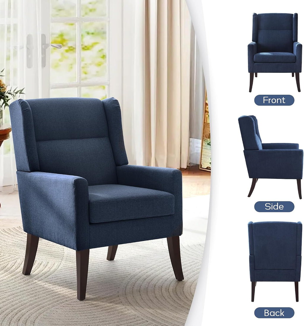 Zihanhome High Back Accent Chair, Fabric Living Room Chairs, Modern Comfy Chair with Wooden Legs,Upholstered Armchair for Living Room,Bedroom,Apartment,Reading Spaces.(1,Blue)