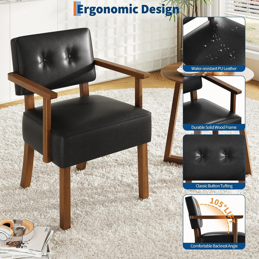 Garvee Accent Chair, Mid-Century Modern Faux Leather Armchair with Wood Frame, Button Tufted Upholstered Reading Chair for Living Room, Bedroom or Balcony, Black