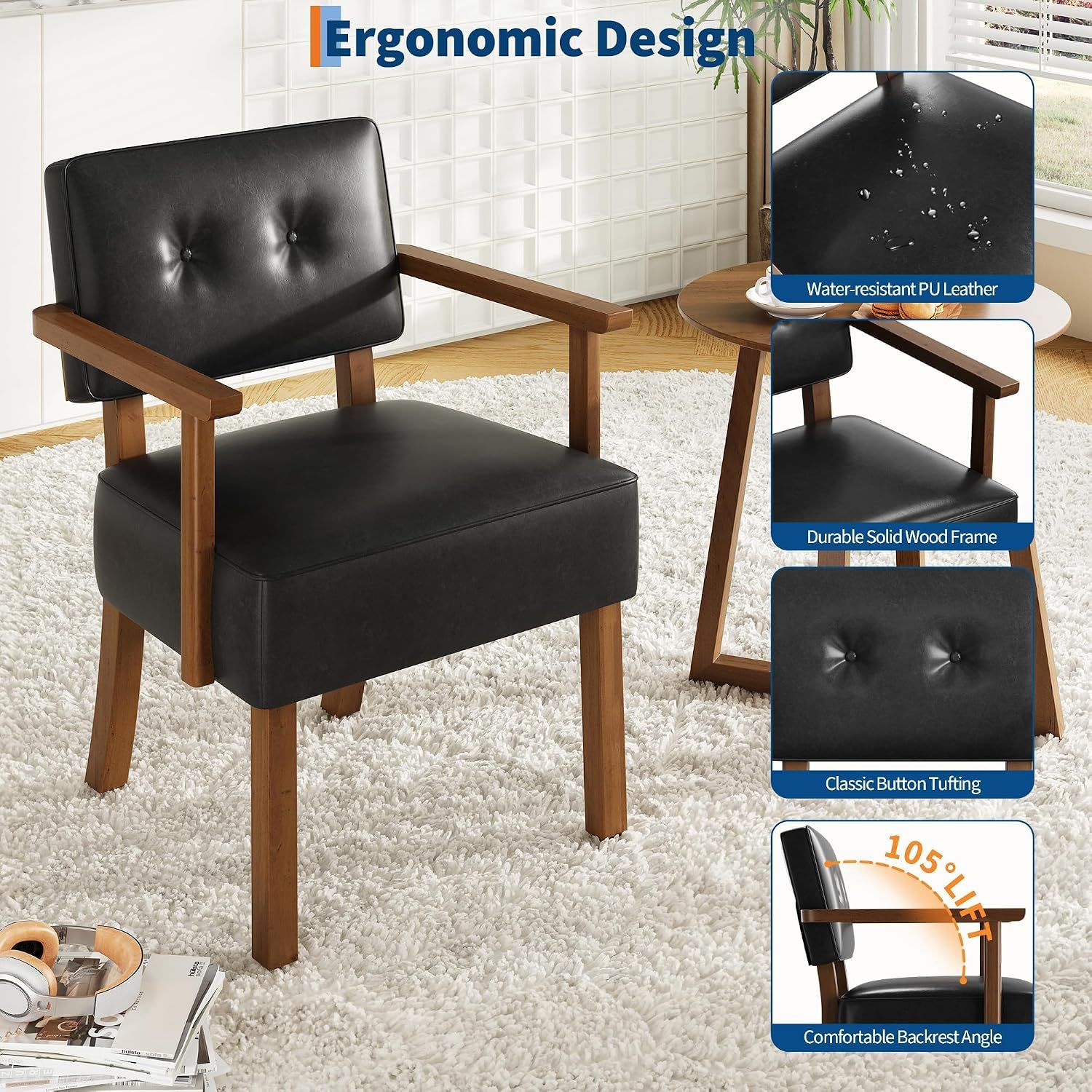 Garvee Accent Chair, Mid-Century Modern Faux Leather Armchair with Wood Frame, Button Tufted Upholstered Reading Chair for Living Room, Bedroom or Balcony, Black