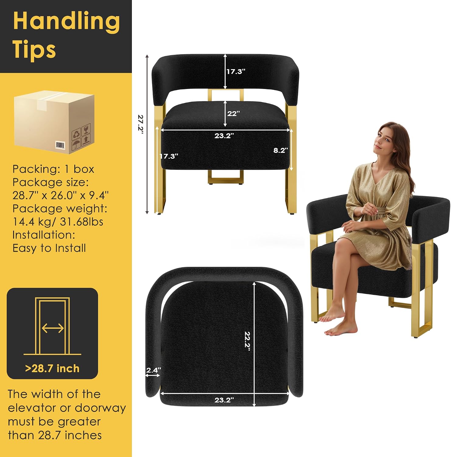 STHOUYN Modern Black and Gold Accent Chair Set of 2, Boucle Bucket Chairs Set of 2, Arm Chairs for Living Room Bedroom (2, Black)