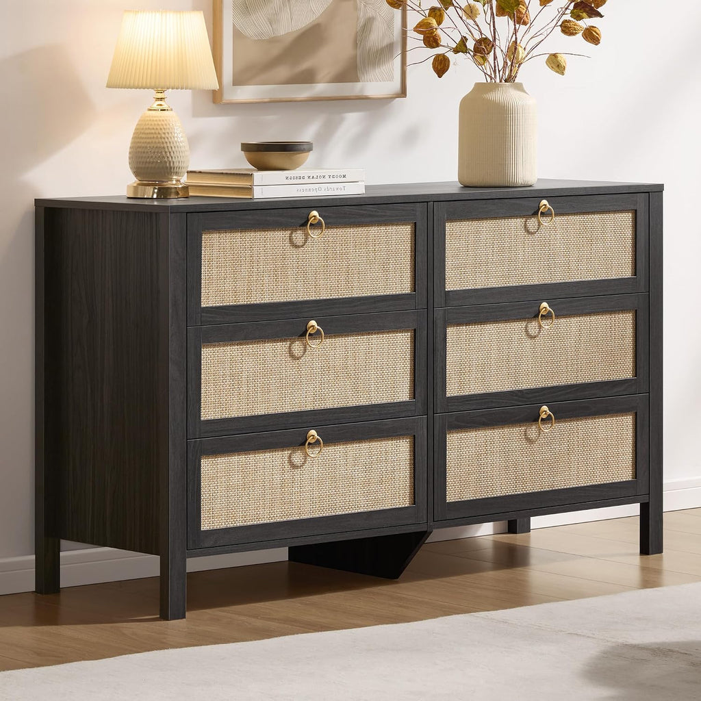 SICOTAS 6 Drawer Dresser for Bedroom - 51' Wide Rattan Dressers Chest of Drawers for Closet, Larger Storage Cabinet Farmhouse Boho Dresser TV Stand for Living Dining Room, Hallway, Black
