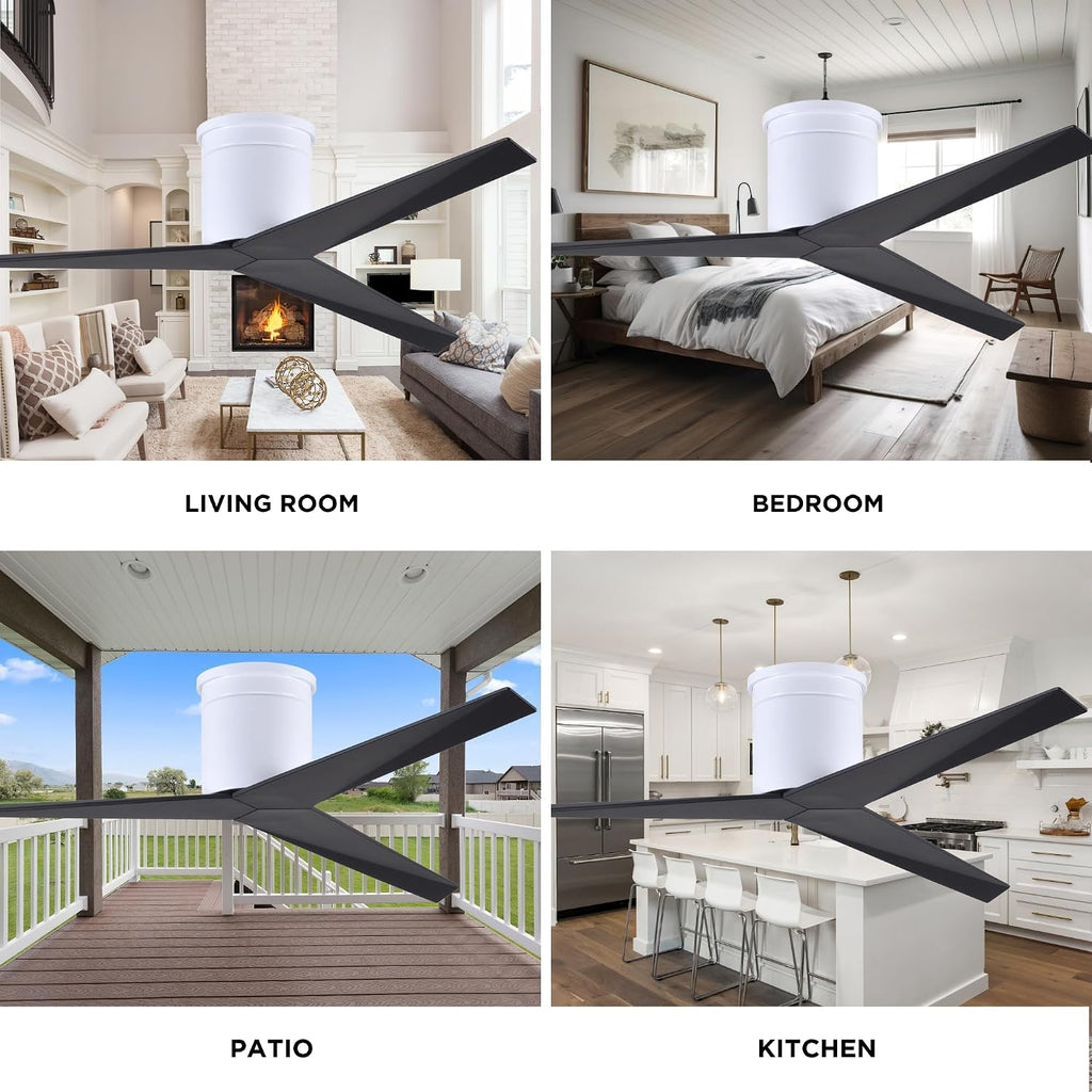 Matthews EKH-WH-BK Eliza Damp Rated 56' Flush Mount Ceiling Fan with Remote & Wall Control, DC Motor, Gloss White with Matte Black