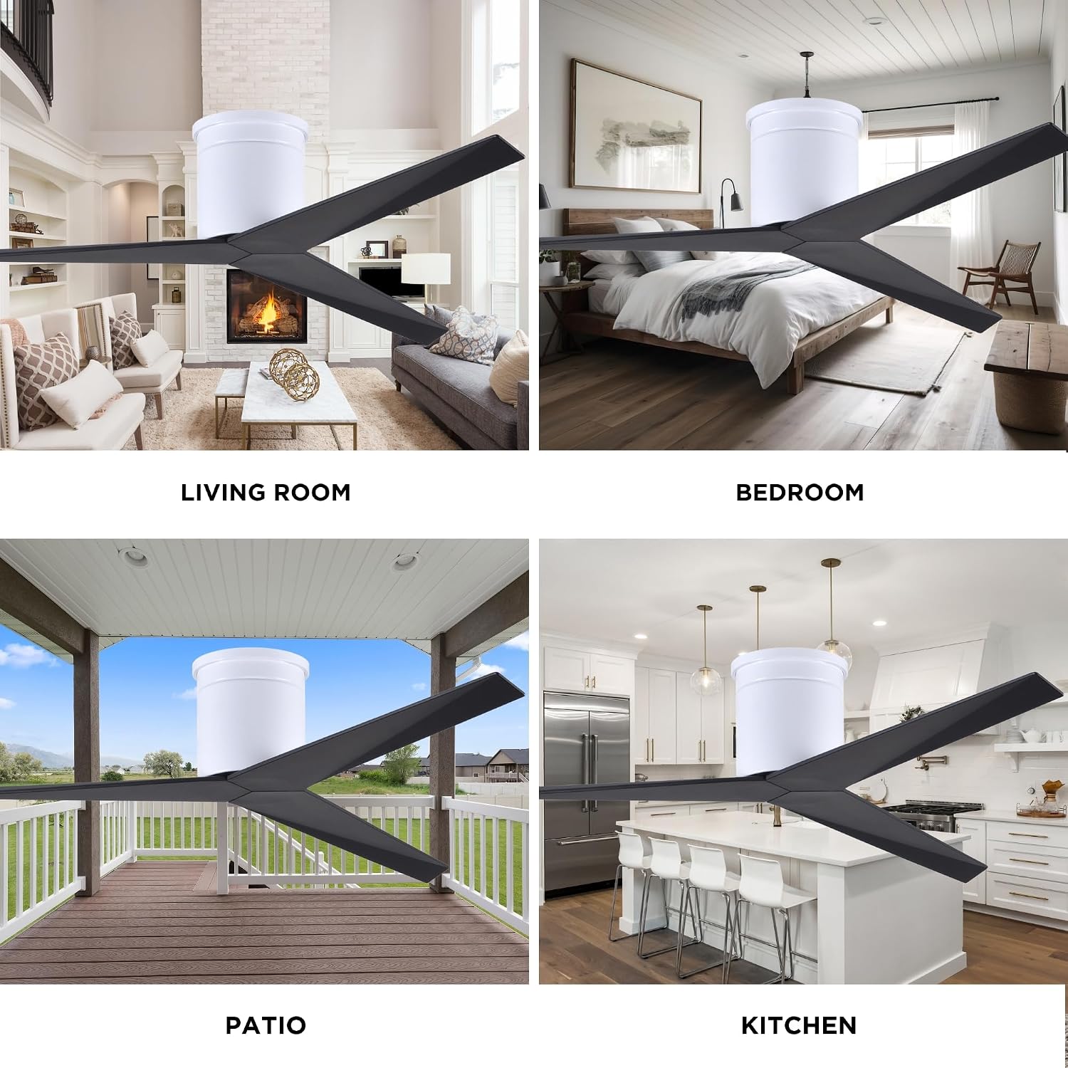 Matthews EKH-WH-BK Eliza Damp Rated 56' Flush Mount Ceiling Fan with Remote & Wall Control, DC Motor, Gloss White with Matte Black