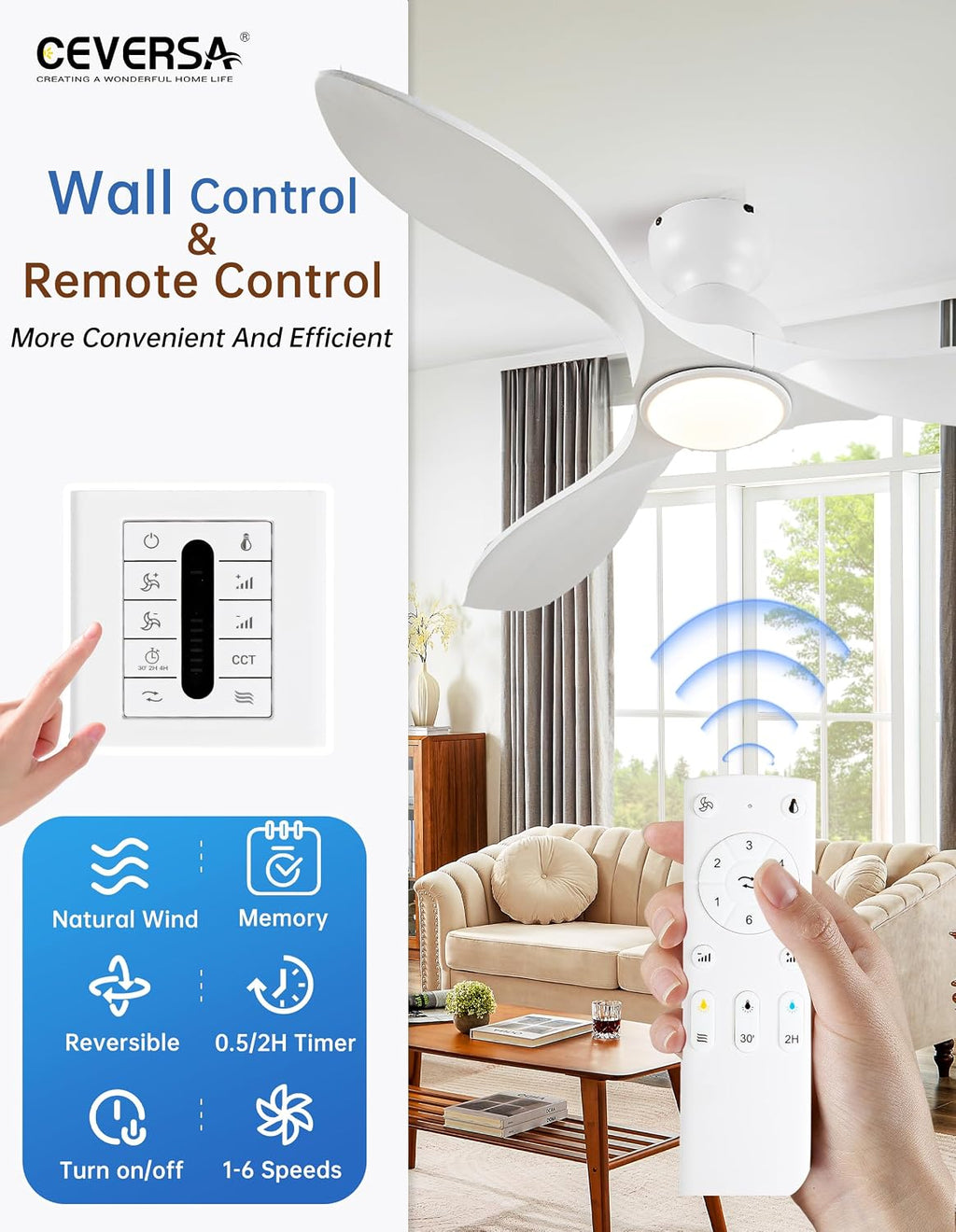 52 Inch Flush Mount Ceiling Fans with Lights and Remote,White Low Profile Ceiling Fan with Light,3 Blade,Dimmable,Quiet Noiseless DC Motor for Patios,Living Room,Bedroom(Wall Control Switch)
