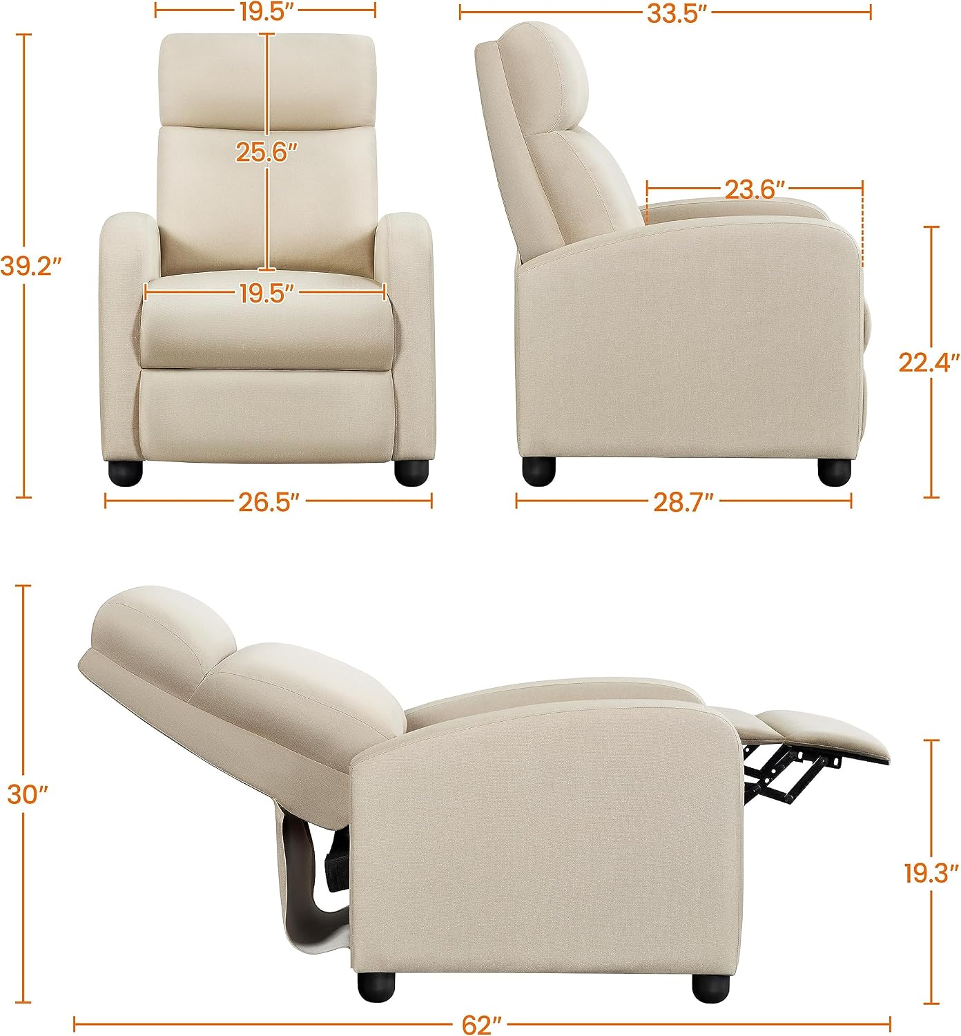 Topeakmart Fabric Recliner Sofa Push Back Recliner Chair Adjustable Modern Single Reclining Chair Upholstered Sofa with Pocket Spring Living Room Bedroom Home Theater Beige
