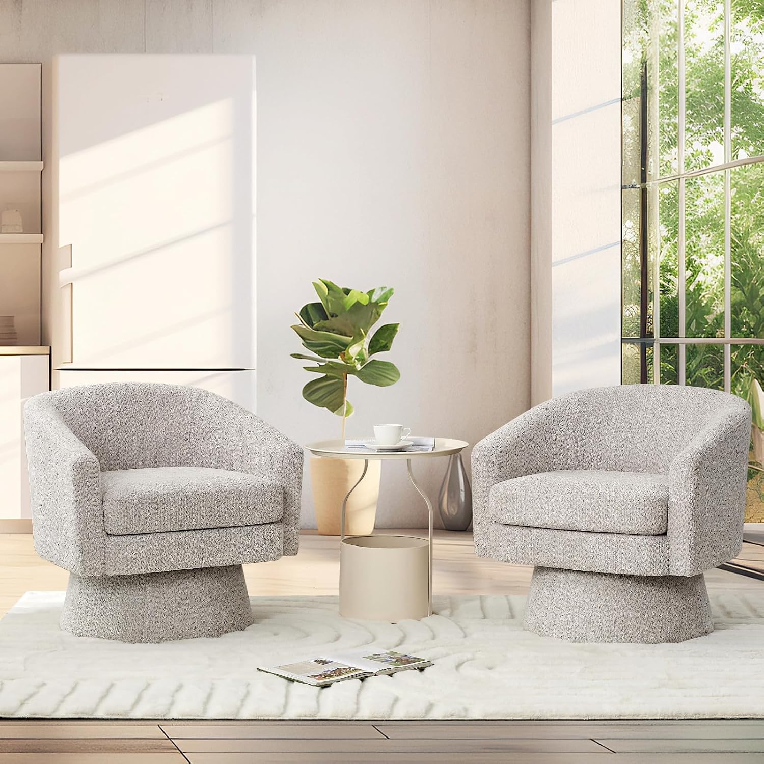 360° Swivel Barrel Accent Chair, Modern Chenille Upholstered Armchair with Curved Back, Soft Cushion & Arms, Wooden Frame, Storage Pocket, Comfy Reading Lounge Chair for Living Room, Bedroom, Office