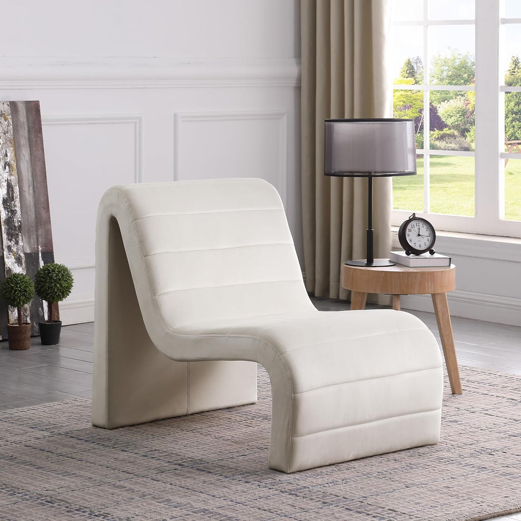 Meridian Furniture 403Cream Ivy Collection Modern | Contemporary Velvet Upholstered Accent Chair with Rich Cream Velvet, Channel Tufted Design, Curved Shape, 26.4' W x 37.4' D x 31.1' H, Cream