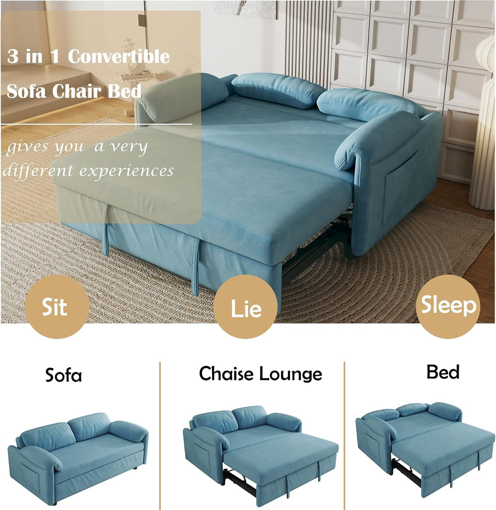 KEIKI 3 in 1 Convertible Pull Out Sofa Bed with Adjustable Backrest & Side Pockets, Velvet Recliner Couch Sleeper Sofa Chair for Living Room, Small Spaces, Full, Blue