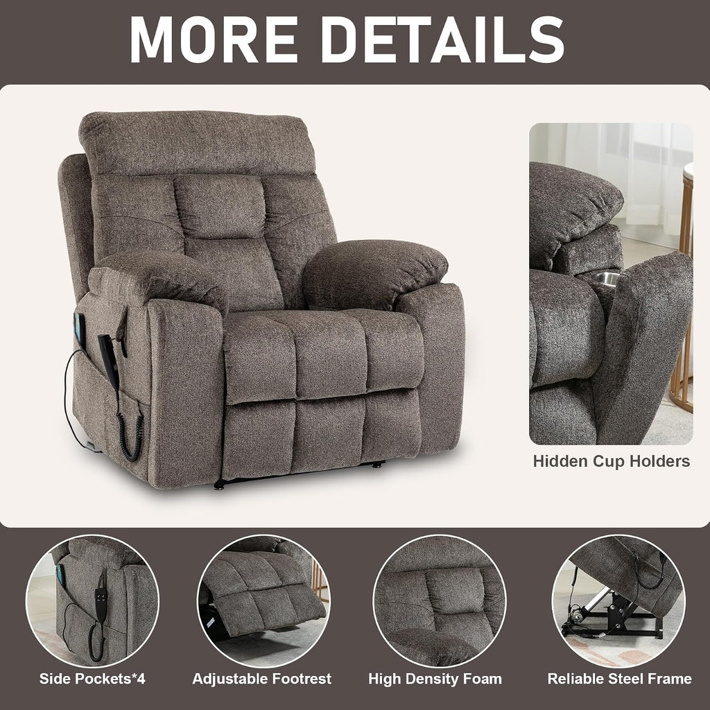 Oversized Lift Recliner Chair for Big and Tall Elderly, 26' Extra Wide Seat Power Lift Recliners with Heat and Massage, Dual Motor Electric Lay Flat Living Room Sofa with Lumbar Pillow