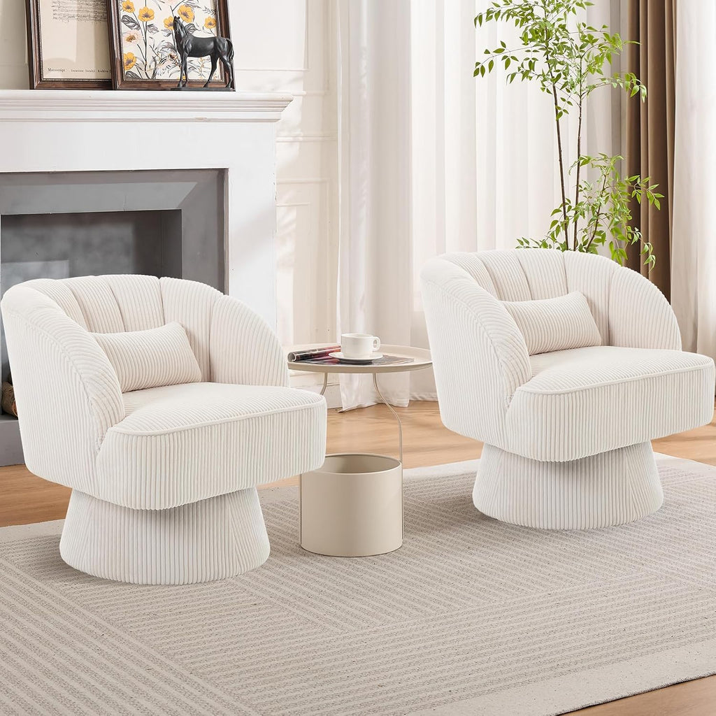 GAOMON Modern Swivel Barrel Accent Chair, 360° Corduroy Upholstered Armchair with Striped Backrest & Plush Padding, Comfy Round Lounge Chair for Living Room, Bedroom, Reading Nook - Beige