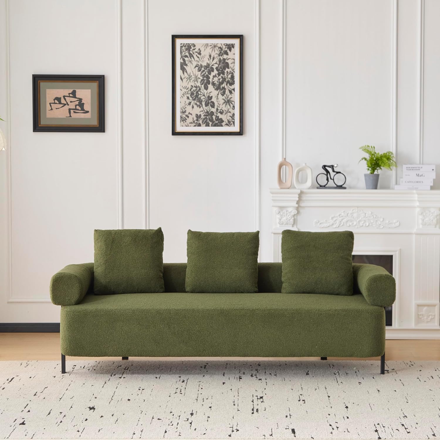 Christopher Knight Home Gilly 78' Modern Boucle Upholstered Sofa with Pillow, Oversized Comfy Cloud Couch with Wooden Frame, 3-Seater Sofa Couch for Living Room, Bedroom, Home Office, Olive Green