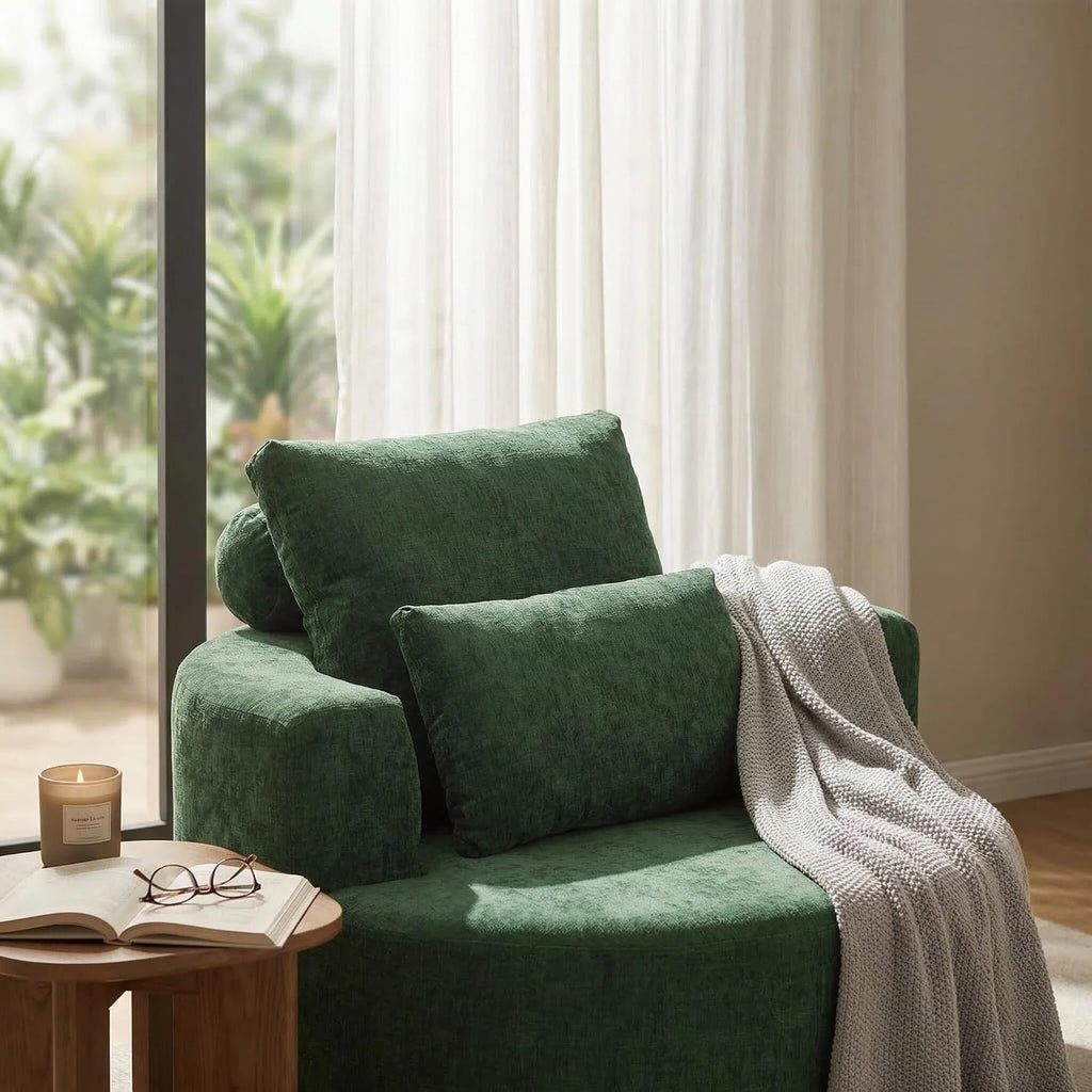Furnimart Oversized Barrel Accent Chair, 360° Swivel Round Upholstered Sofa, Chenille High-Resilience Sponge, No Assembly Wide Seat for Living Room, Bedroom, Apartment (Green)