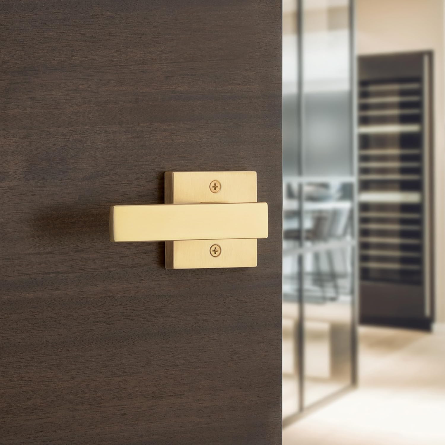 Kwikset Singapore Interior Passage Door Handle, Lever for Closet and Hallway Doors, Reversible Non-Locking Handle Lever, Satin Brass, with Microban Protection (Pack of 4)