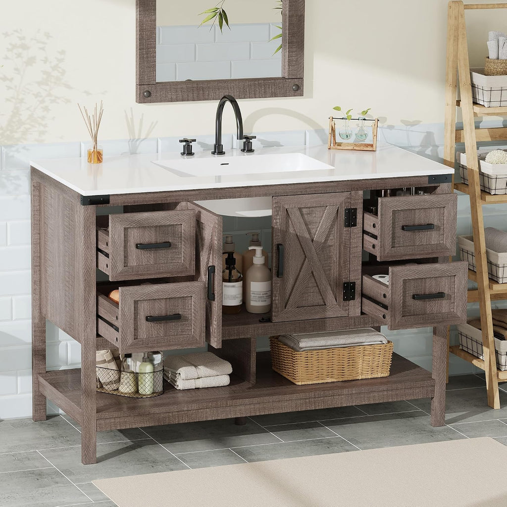 AMERLIFE 48' Farmhouse Bathroom Vanity with Sink, Freestanding Cabinet with 4 Drawers, Double Barn Doors & Open Shelf, Rustic Storage for Master or Family Bathroom, Light Gray