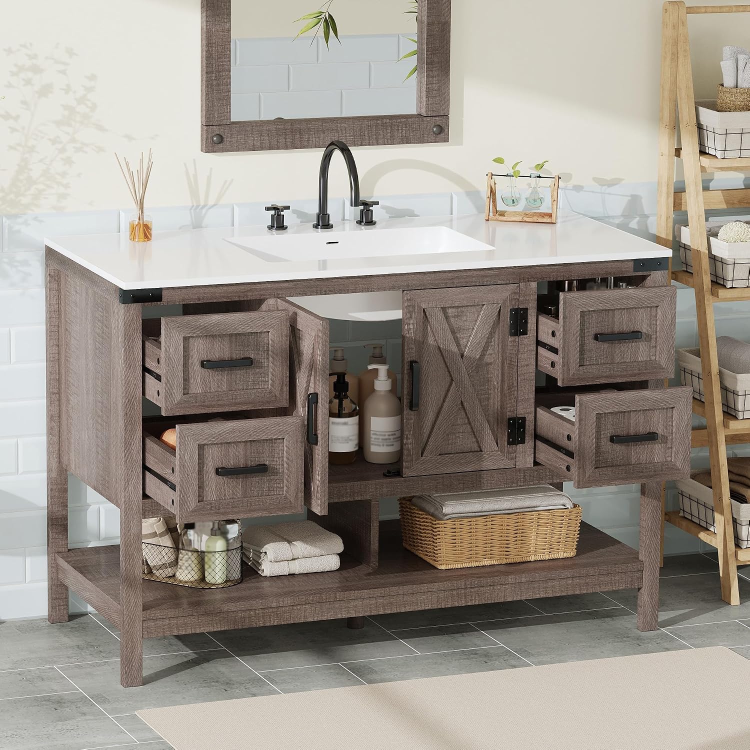 AMERLIFE 48' Farmhouse Bathroom Vanity with Sink, Freestanding Cabinet with 4 Drawers, Double Barn Doors & Open Shelf, Rustic Storage for Master or Family Bathroom, Light Gray