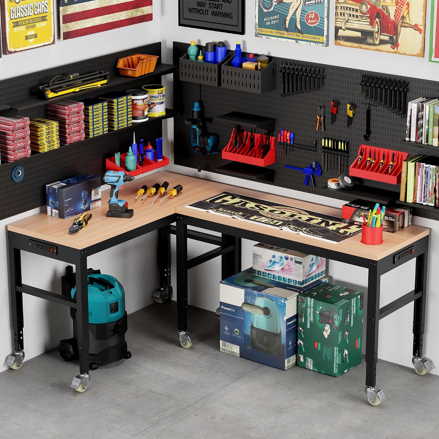 Antifir 60' Adjustable Workbench，Heavy Duty Wood Work Bench 2000 Lbs Load Capacity,Work Table with Power Outlet and Wheels for Garage, Workshop, Office, Home