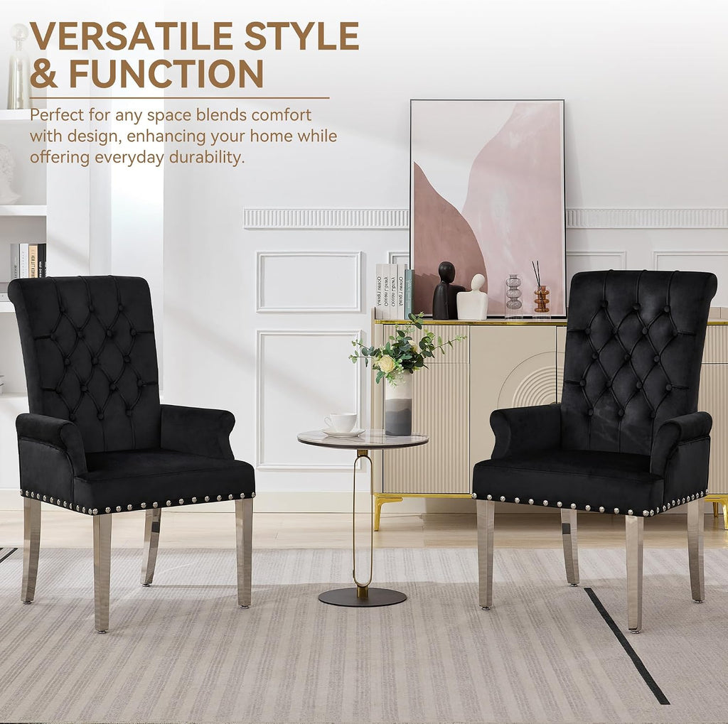 WUTUTUEE Velvet Dining Chair with Arms, Upholstered Tufted High Back Dining Room Chairs, Accent Armchair with Chrome Leg and Nailhead Trim, Kitchen Dining Living Room, Black