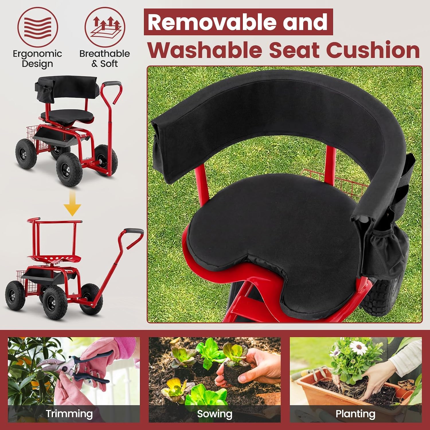 Goplus Garden Seat with Wheels, Rolling Gardening Stool with Adjustable 360° Swivel Seat, Tool Tray & Storage Basket, Extendable Handle, Outdoor Gardening Scooter, Garden Cart Workseat for Seniors