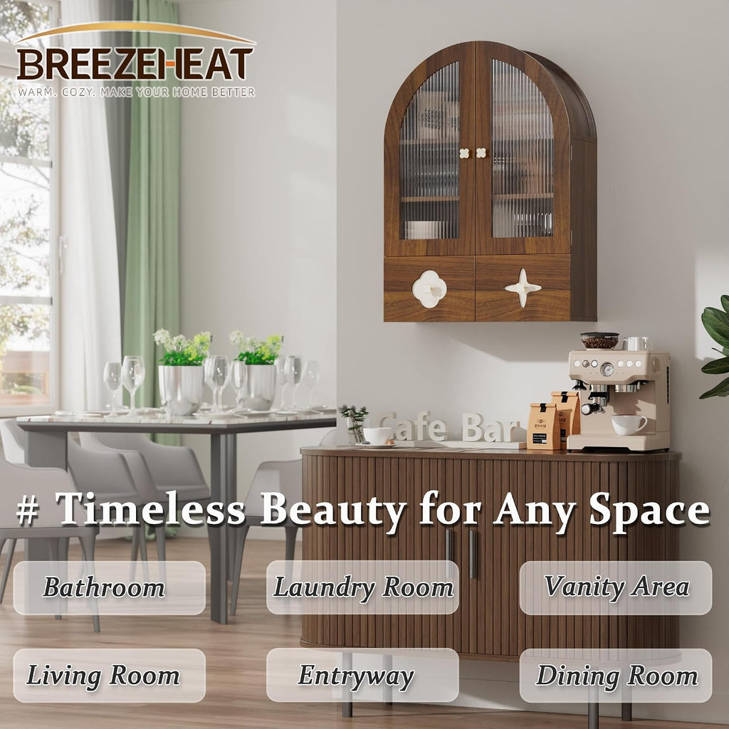 BREEZEHEAT Arched Bathroom Wall Cabinet, Medicine Cabinet Over Toilet Storage w/Fluted Glass Doors & Adjustable Shelf, Wood Hanging Cupboard for Laundry Room, Entryway, Kitchen, Walnut,23.6x33.5 Inch