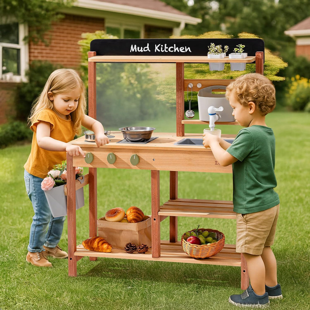 Robud Mud Kitchen, Wooden Outdoor Kitchen for Kids, Pretend Play Set with Sink, Faucet, Planting Pots, Cooking Accessories, Ideal Gift for Boys Girls Ages 3+