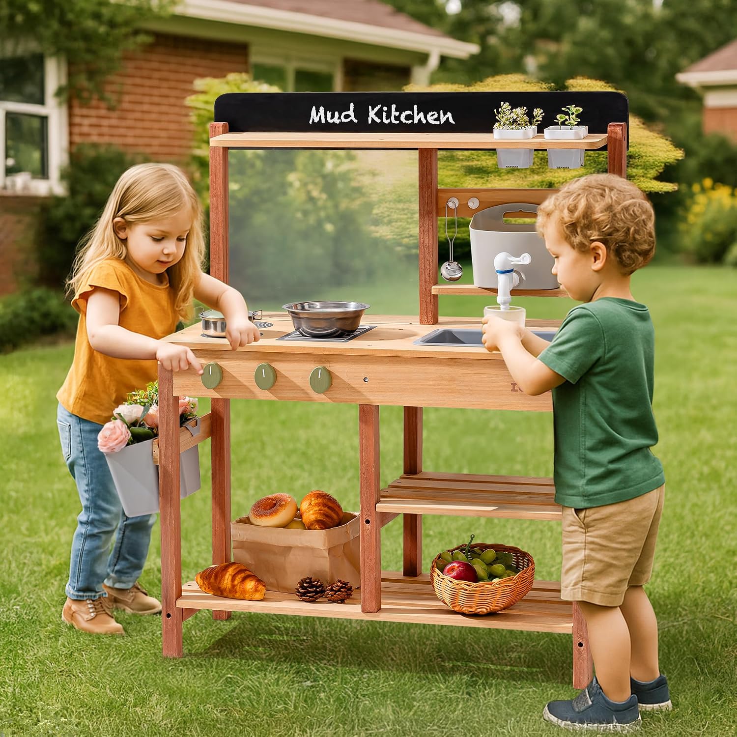 Robud Mud Kitchen, Wooden Outdoor Kitchen for Kids, Pretend Play Set with Sink, Faucet, Planting Pots, Cooking Accessories, Ideal Gift for Boys Girls Ages 3+
