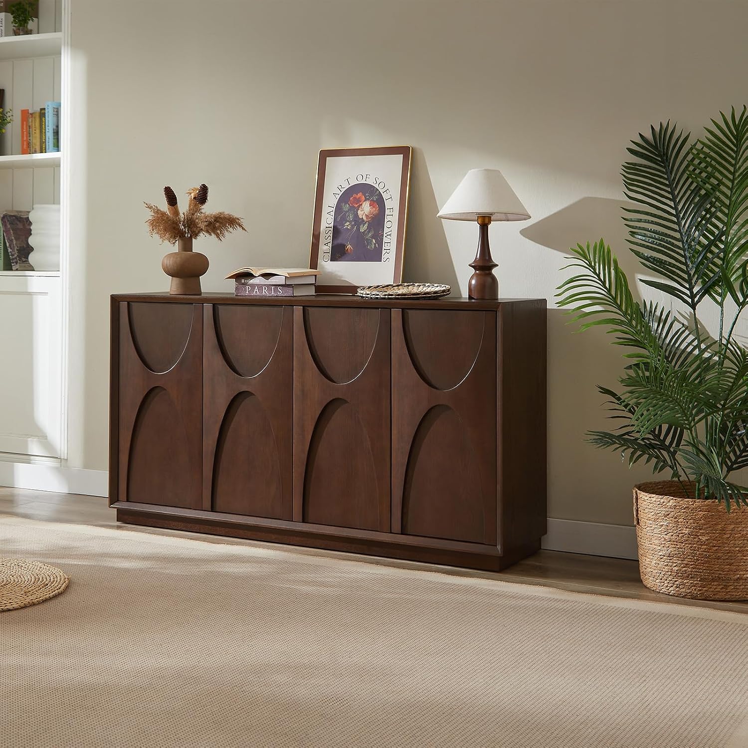 LKTART 59' Sideboard Buffet Cabinet Retro Accent Storage Cabinet with Magnetic Door Latches Adjustable Shelf for Living Room Kitchen(Walnut)