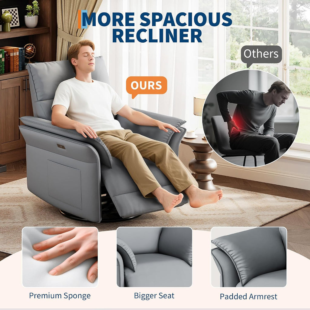GarveeHome Power Recliner Chair with Side Pockets, 270° Swivel & Glider, USB Charging Port, PU Leather, Thickened Dual-Layer Armrests, Modern Recliner for Living Room, Bedroom (Silver)