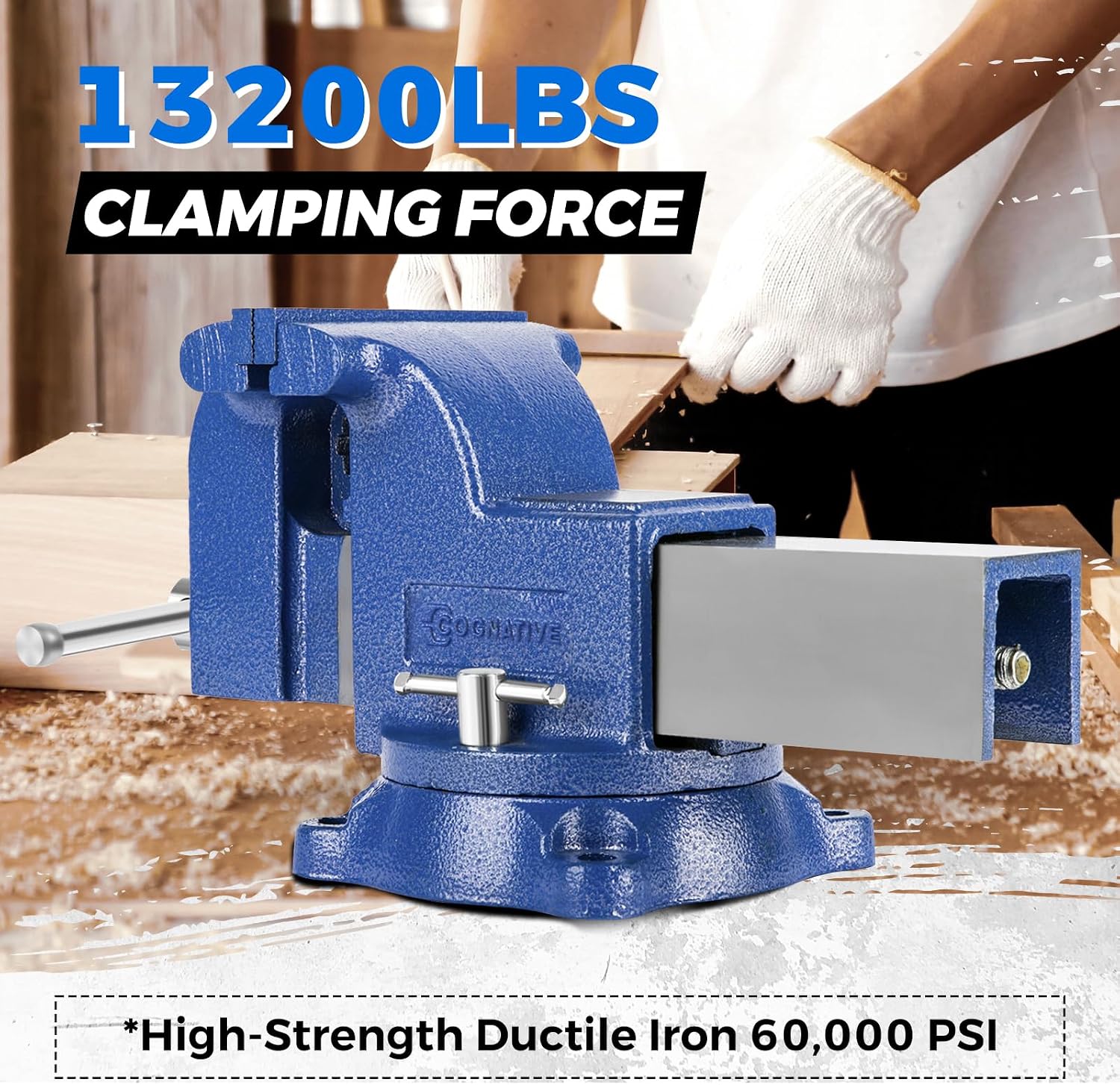 6' Heavy-Duty Bench Vise 13200LBS Stronger Clamping Force Ductile Iron Bench Vise 6 Inch 360° Swivel Bench Vice with Anvil Blue, Include Mini Bench Vice Clamp