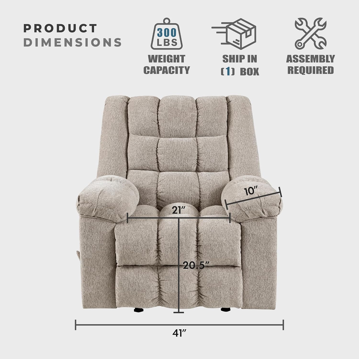 Lexicon Chenille Rocker Reclining Chair for Adults, Rocker Pull Handle Recliner, Nursery Chair for Living Room/Bedroom, High Back, Pillow Top Arms, High Density Foam Cushions, Light Brown