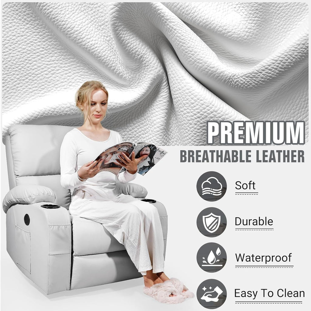 LEVELEVE Rocking Recliner Chair, Massage Rocker Recliner Chair with Vibration Massage and Heat, USB and Type-C Ports,360° Swivel Faux Leather Chairs, Living Room, Bedroom, Nursery, RV, Light Grey