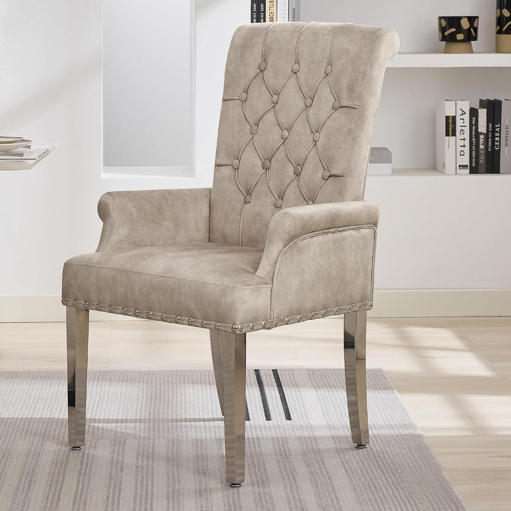 WUTUTUEE Velvet Dining Chair with Arms, Upholstered Tufted High Back Dining Room Chairs, Accent Armchair with Chrome Leg and Nailhead Trim, Kitchen Dining Living Room, Beige (Ivory)