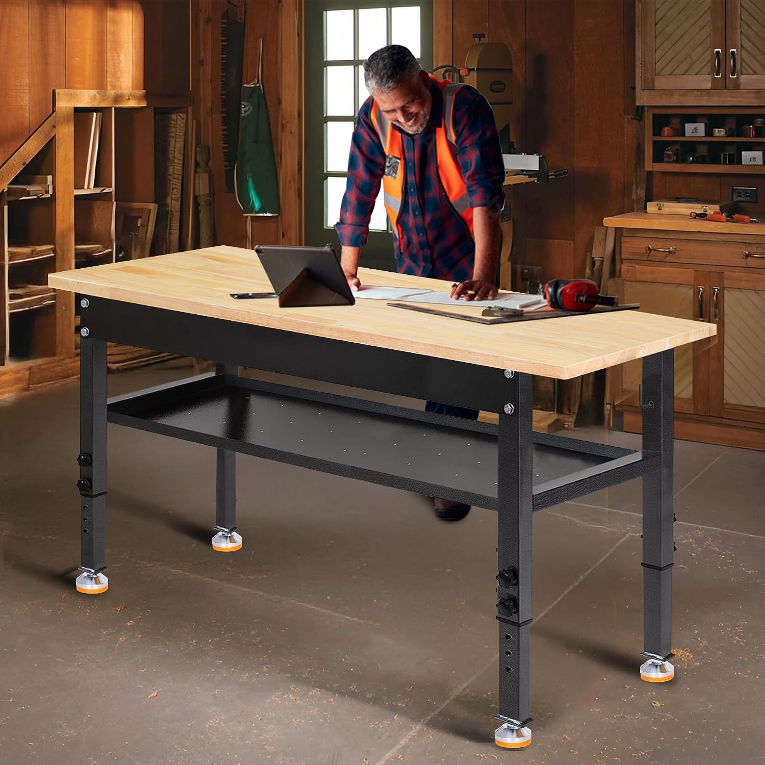 48'/60'' Adjustable Workbench, Rubber Wood Work Bench Heavy-Duty with Partition,2000 LBS Load Capacity Hardwood Work Table for Garage, Workshop, Home, Office, Easy Assembly (w/partition,48'')