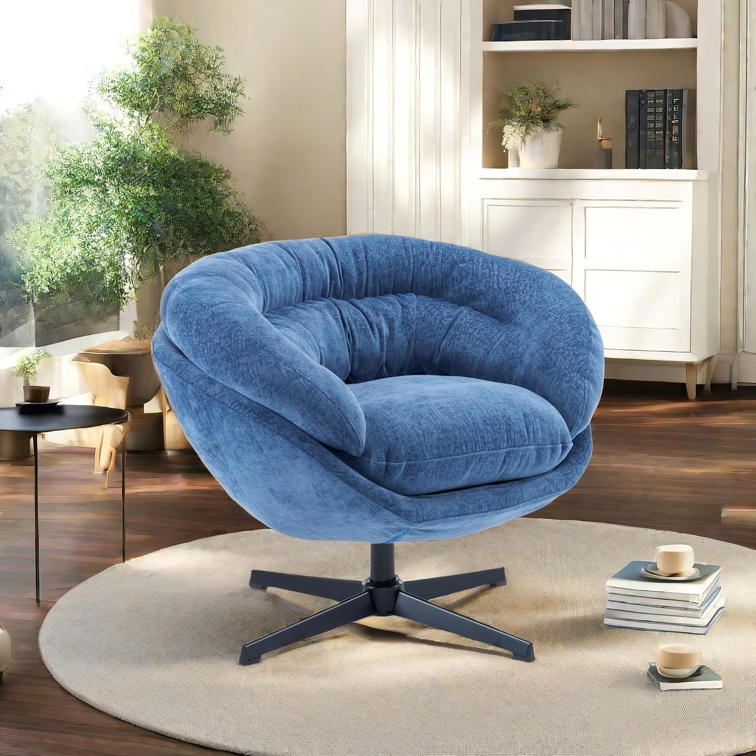 Christopher Knight Home 360° Swivel Club Chair,Chenille Upholstered Accent Chair with Removable Cushion, Round Office Chair with Black Metal Base,Navy Blue