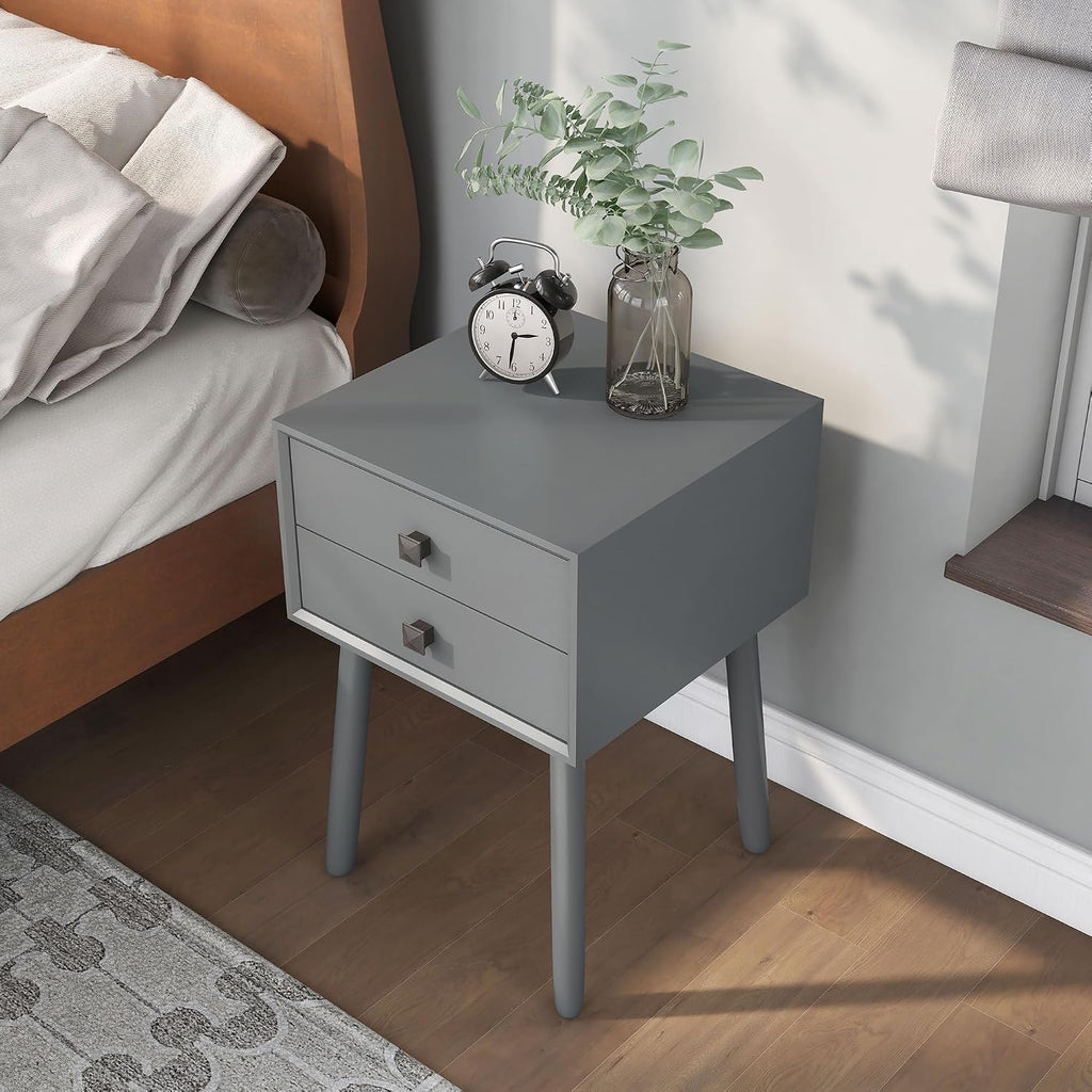 24/7 Shop at Home Goerge Mid-Century Modern Nightstand, Solid Rubber Wood Dresser, Small Bedside Tables with 2 Drawers, with Tapered Legs for Bedroom, Living Room, Home Office, Gray