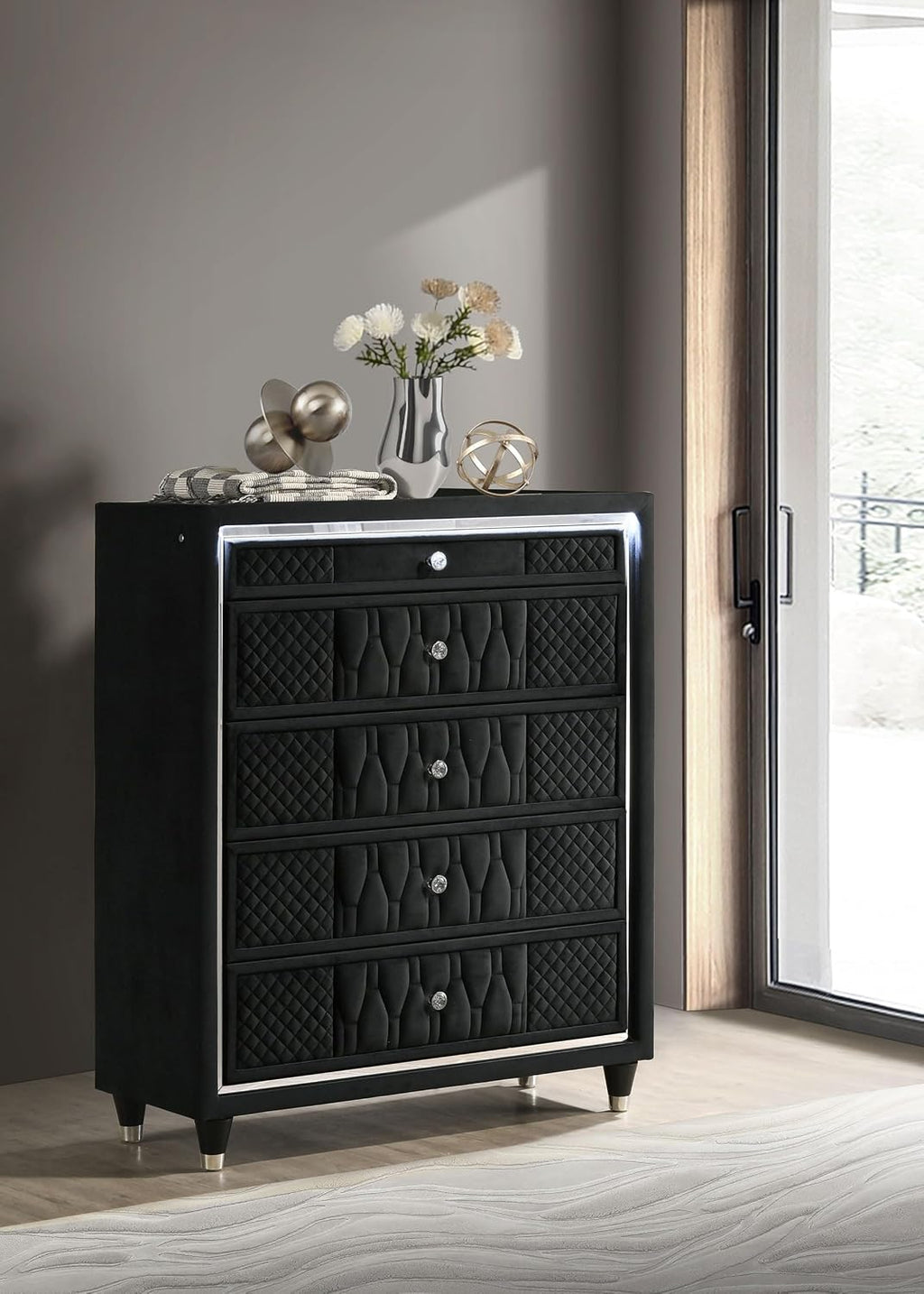 Coaster Home Furnishings - Lorient - Wood and Velvet - 5-Drawer Chest with Built-in LED Lighting, Crystal Knobs and English Dovetail Joinery - Bedroom - Black - 223165