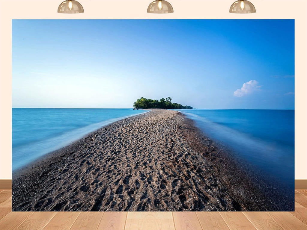 20x10ft Fabric Narrow Sandbar Island Backdrop with Calm Blue Water Background for Coastal Party Decorations Home Wall Hanging Photo Shoot Studio Props Tapestry