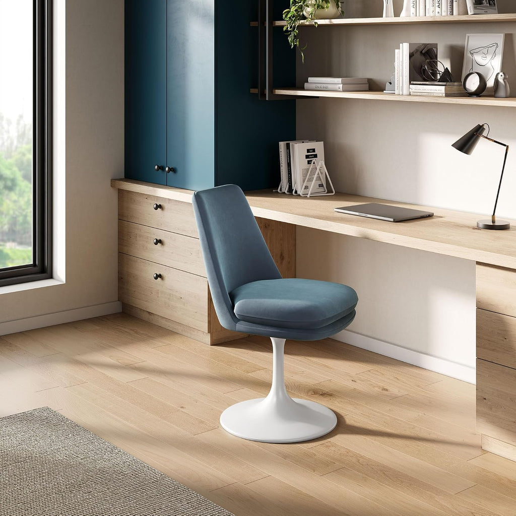 Modway Lippa Velvet Swivel Dining Side Chair in White Cadet Blue - Armless Accent Chair with Stain-Resistant Performance Velvet Upholstery - 360° Rotating Office Chair