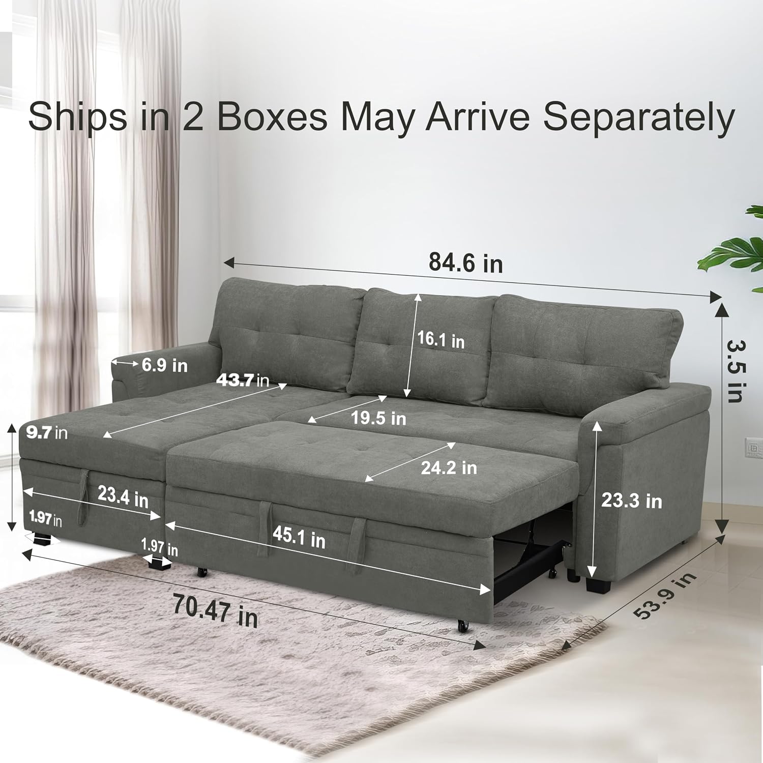 Naomi Home L Shaped Sectional Couch with Storage & Pull Out Bed – 3-in-1 Convertible Sleeper Sofa Bed, Small L Shape Sofa for Living Room, Sofa Bed with Storage Chaise in Gray, Velvet