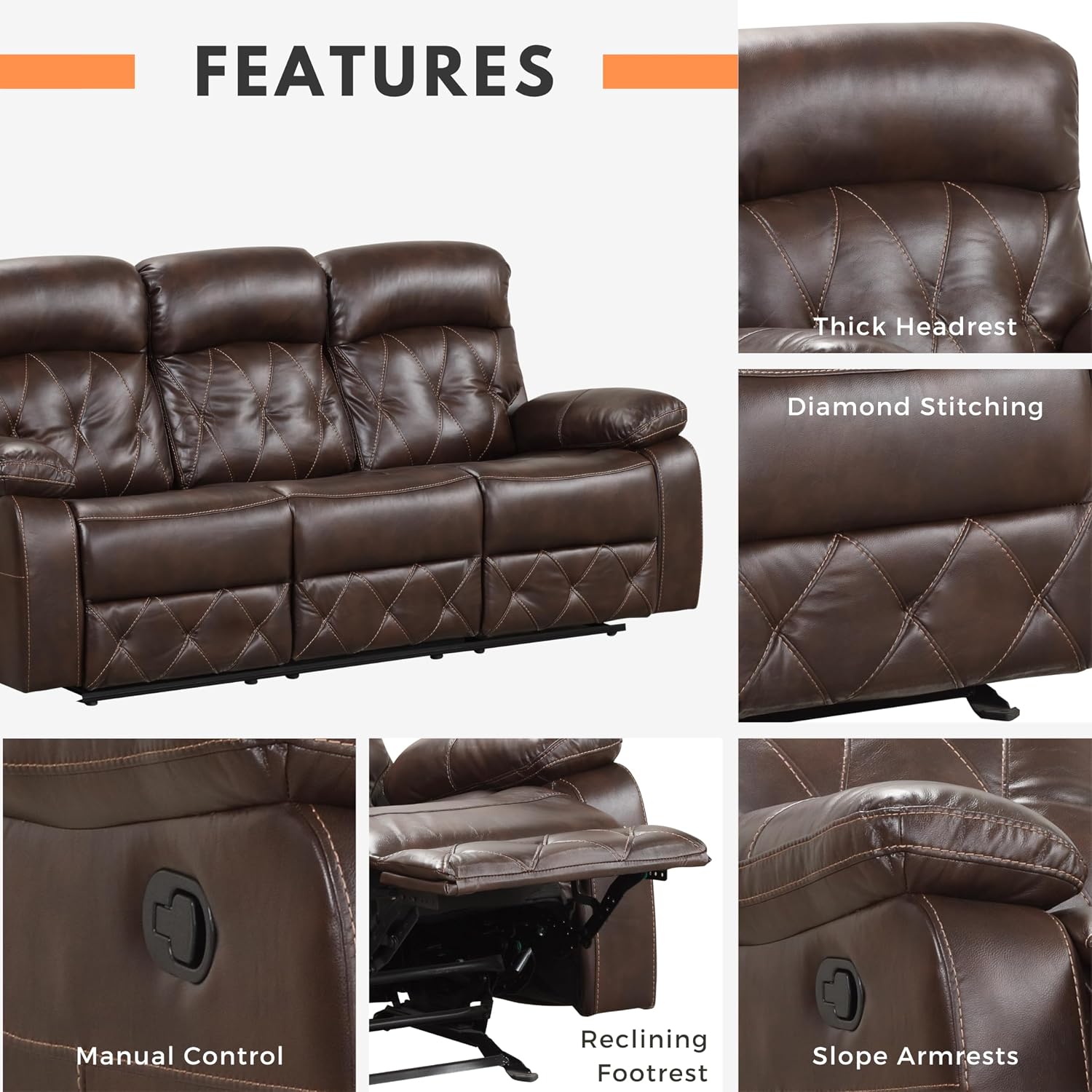 24/7 Shop at Home Skylar Transitional Breathable Leather Recliner Sofa with Diamond Stitching, Manual Home Theater Seating for Living Room, Bedroom, Brown