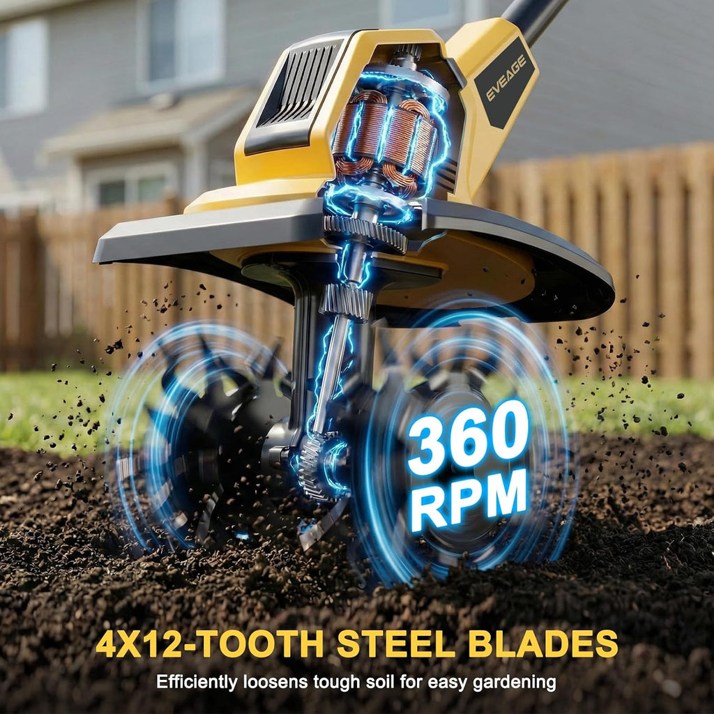 21V Cordless Tiller Cultivator, 2x4.0Ah Battery Powered Electric Garden Tiller, 360RPM Rototiller with 48 Steel Tines, 9.7' Width & 7' Depth, Lightweight Soil Tiller for Gardening