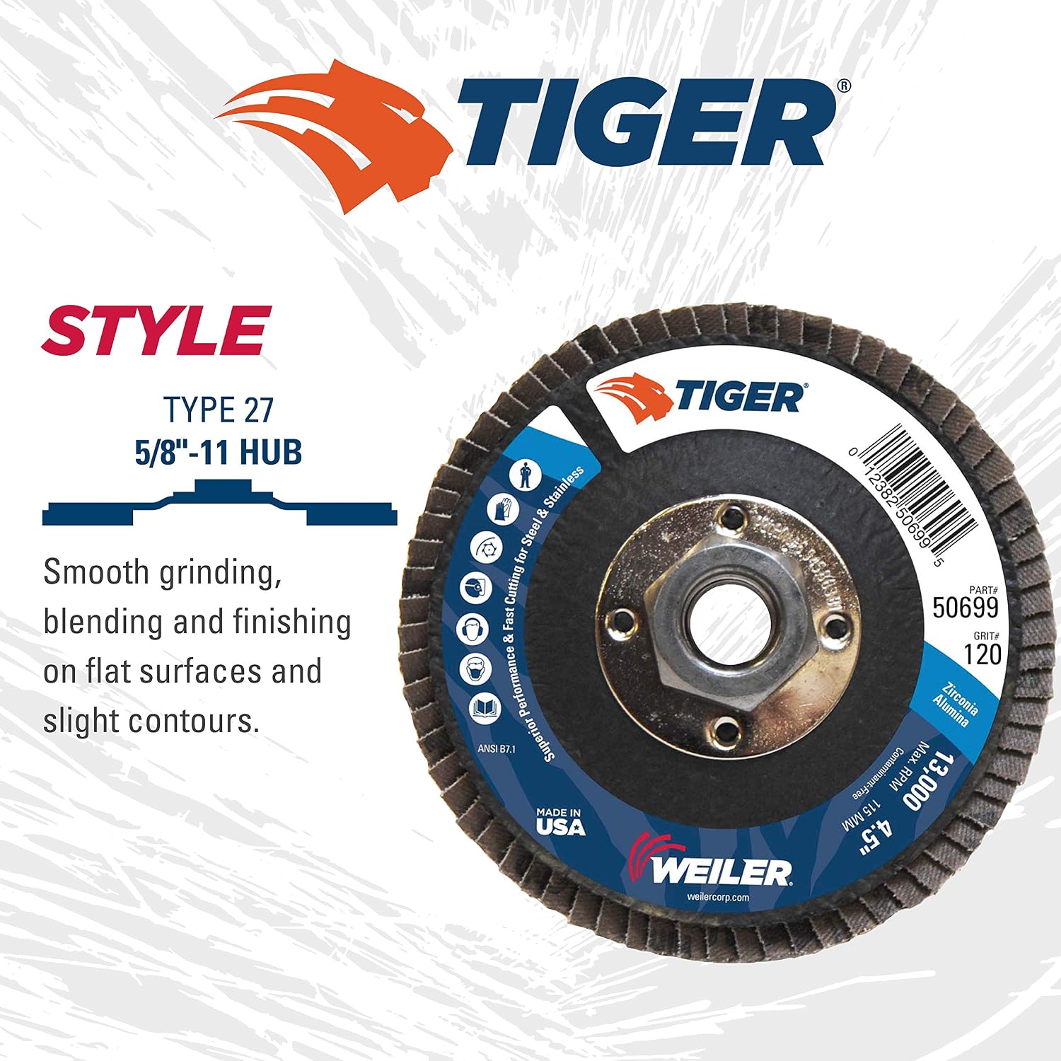 Weiler 50699 4-1/2' Tiger Disc Abrasive Flap Disc, Flat (TY27), Phenolic Backing, 120Z, 5/8'-11 UNC Nut (Pack of 10)