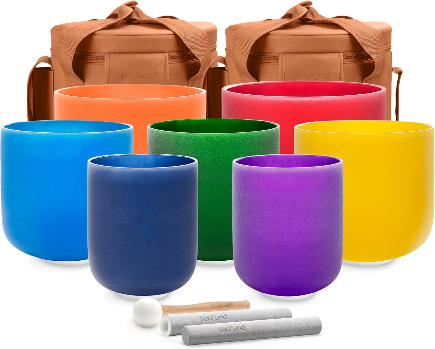 TOPFUND 432 Hz Chakra Set of 7 Color Crystal Singing Bowls 6-10 inch with Heavy Duty Carrying Cases and Singing Bowl Mallets